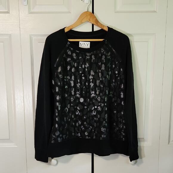 Marc New York Womens Black Silver Camouflage Print Sweatshirt XL Sheer Overlay - Picture 1 of 9